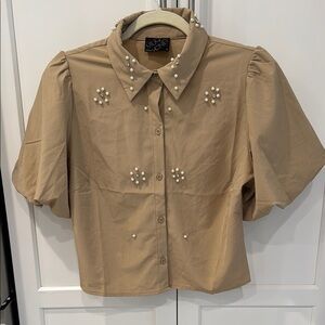 Tan Pearl-Embellished Women's button down Top with puffy sleeves. Preppy.